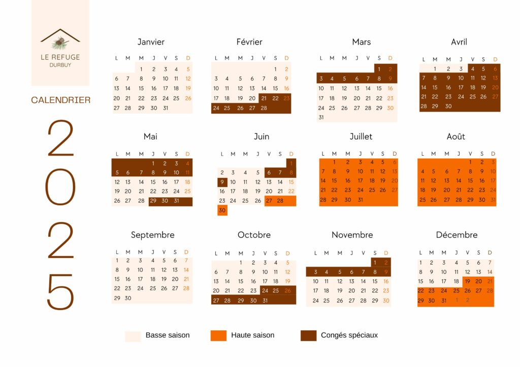 Calendrier 2025 le Refuge Durbuy